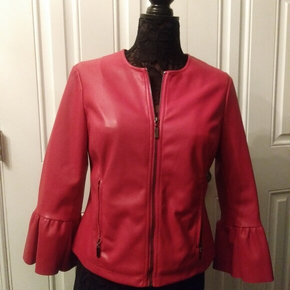 Red Faux Leather Pleather Jacket Collarless Ruffle Sleeve Alfani Petite Medium - Picture 3 of 10